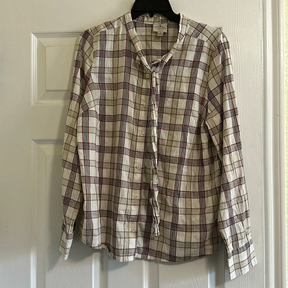 St Johns Bay Long Sleeve Top Button Up Beige with Red Plaid Size Medium - Picture 1 of 4